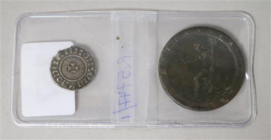 An Aethelred II silver penny, last small cross type, moneyer Godman, London, Losses to flange otherwise VF & a George III 1797 penny